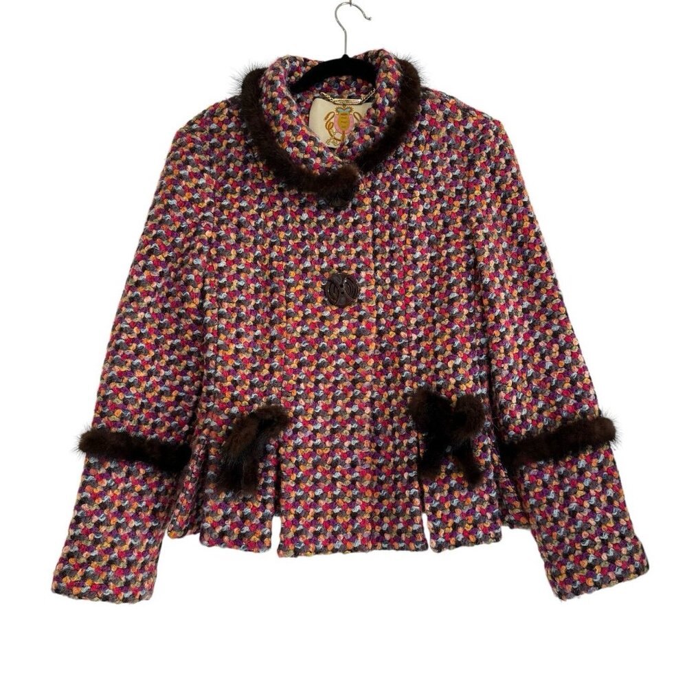 Vintage Paola Poggi Italy Multicolor Bouclé Wool Jacket Fur‎ Trim Peplum Y2K